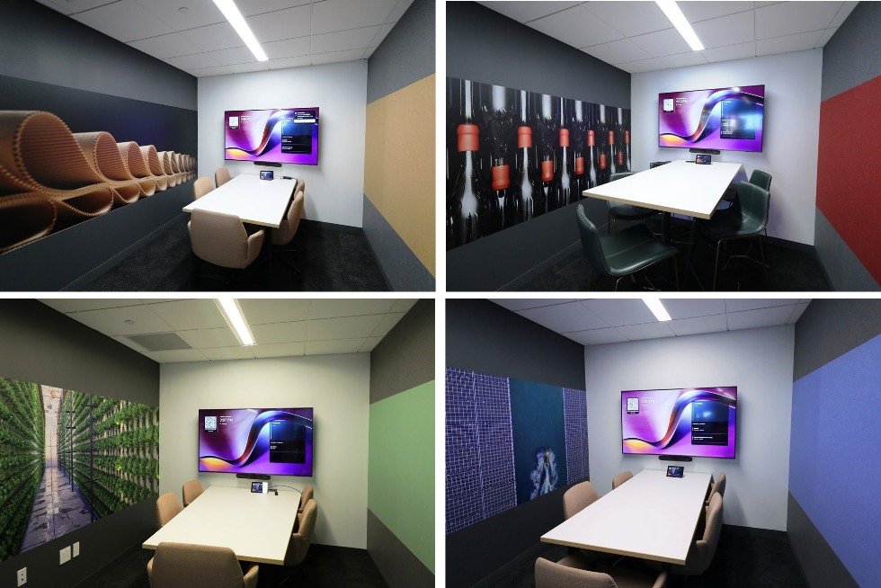 All of the team meeting rooms and larger conference rooms are acoustically treated and feature super graphics representative of the Rabobank brand. They are also outfitted with full AV/Telecom capabilities.